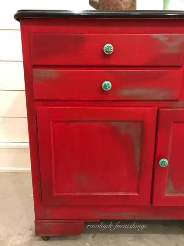 Close-up view of hoosier cabinet painted furniture makeover.