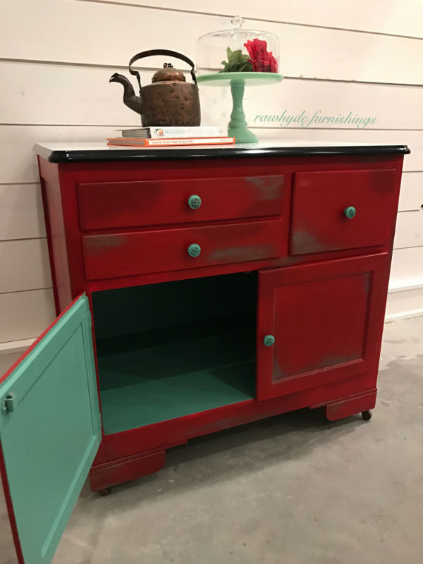 Inside view of hoosier cabinet painted furniture makeover.