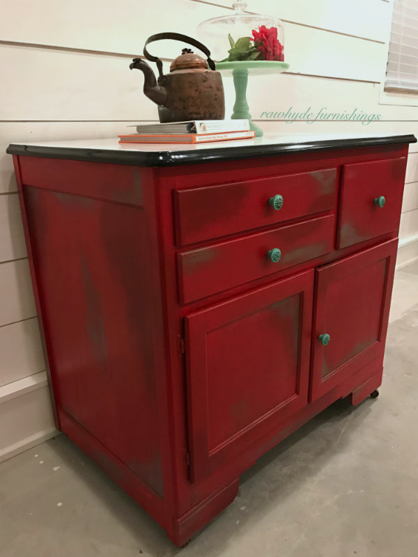 Side view of hoosier cabinet painted furniture makeover.