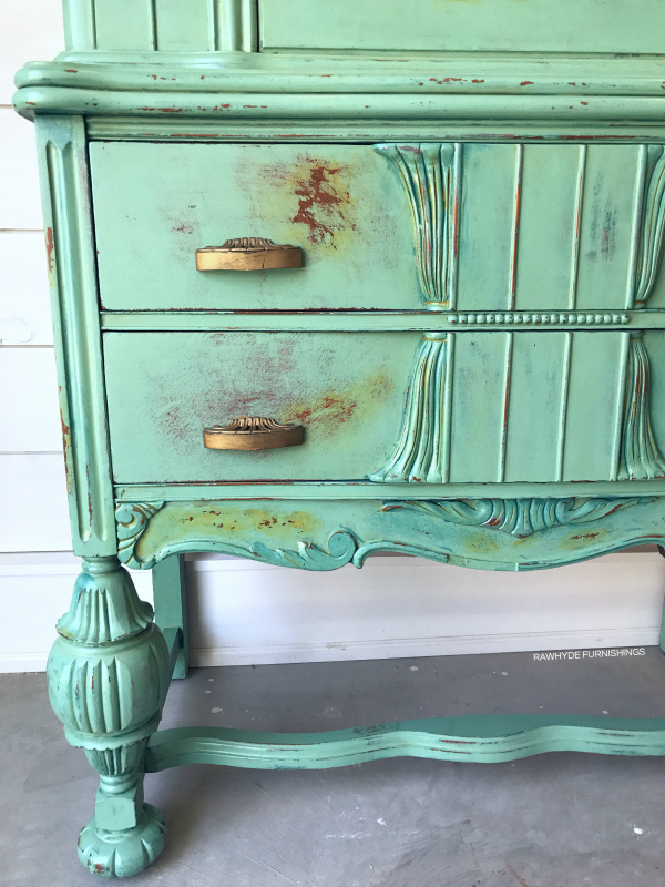 china hutch painted furniture makeover: close-up distressing and brittlebrush detail